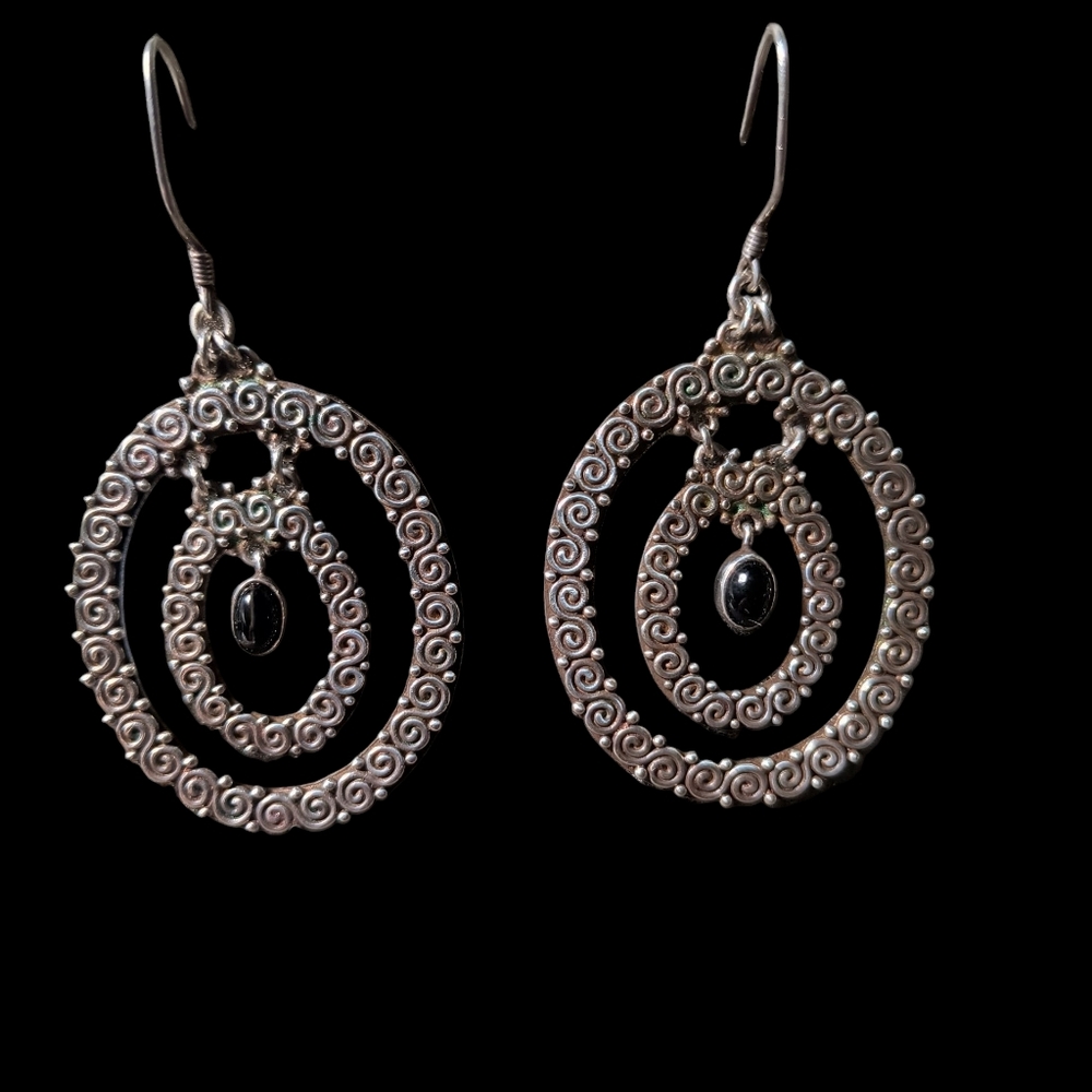 Vintage Sajen Black Onyx And Sterling Silver Textured Oval Dangle Earrings - Picture 2 of 9
